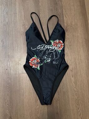 Ed Hardy Black One-Piece with Rose & Panther Print
